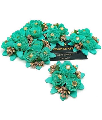 PRANSUNITA Stem less Fabric 3 in 1 Rose Flower with Pollens, Handmade Decoration Flowers for Dresses, Fancy Gift & Wedding Packaging, Valentine, Radha Krishna & Baby Shower, Home Decoration Pack of 6 pcs Color- Sea Green