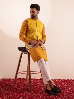 Men's Cotton Yellow Kurta & White Pyjama With Daman Embroidered Yellow Nehru Jacket-36