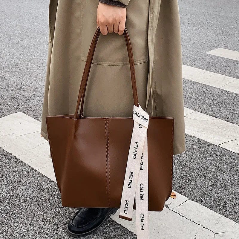 Wholesale Pu Leather Tote Bag Women Vintage Handbag Lady Big Khaki Bag With Ribbon