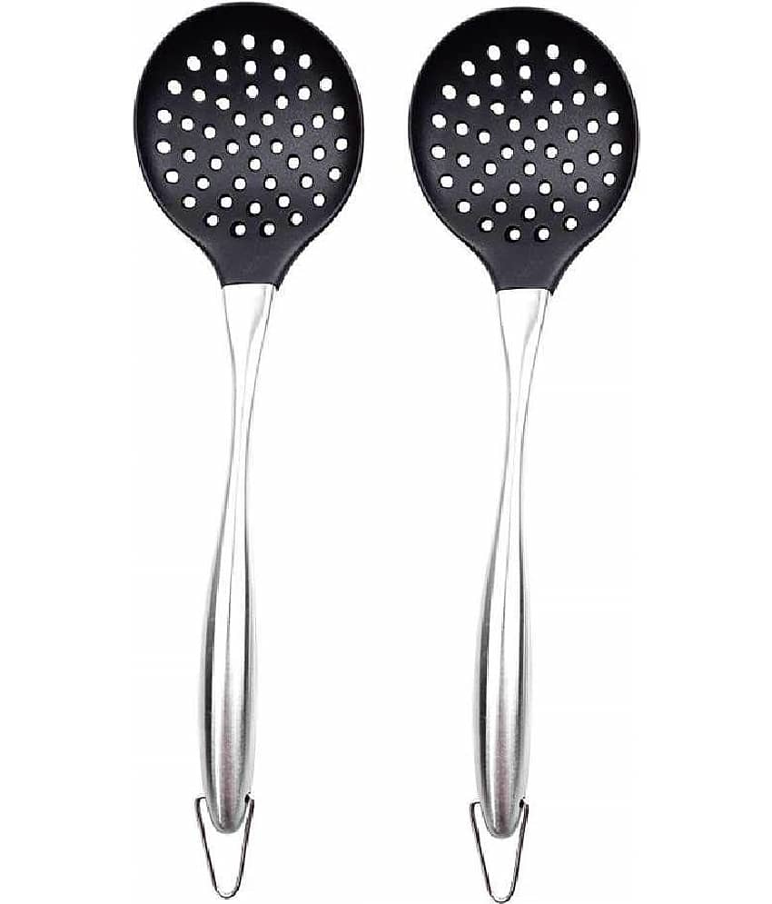 Baskety Silicone with Stainless Steel Handle Slotted Flexible Kitchen Set Spatula ( Pack of 2 , Black)