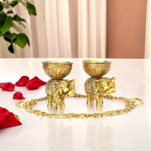 German Silver Elephant Bowls and Tray SetGolden