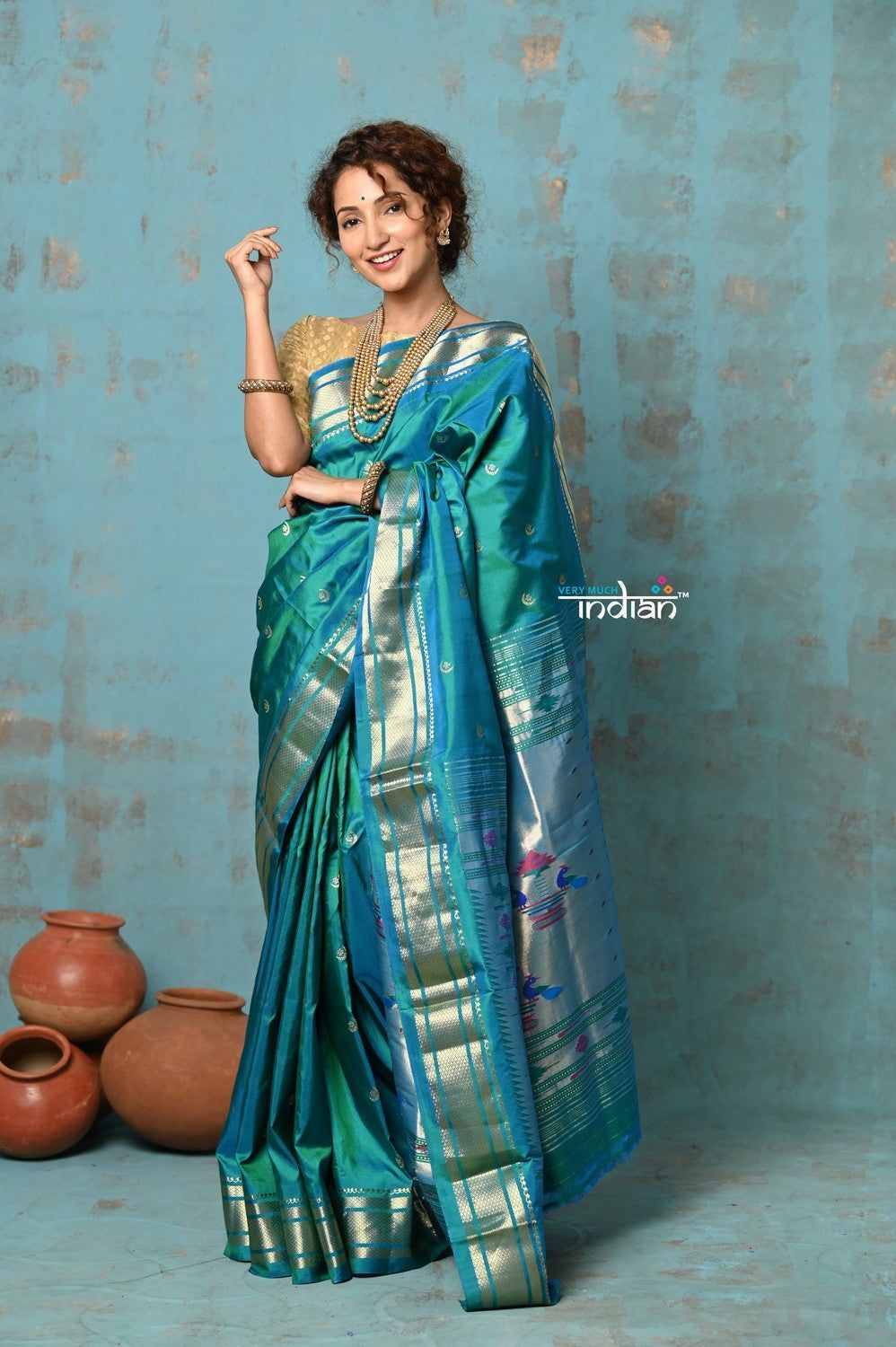 Tyohaar ~ Chandrakor: Handloom Pure Silk Maharani Paithani Saree with Traditional Maharani Pallu ~ Blue  (By Government Certified Weavers)