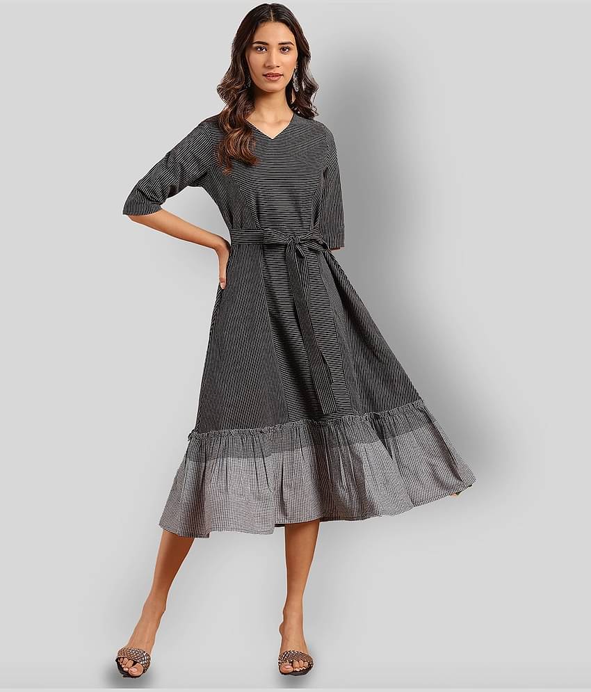 Janasya - Multicolor Cotton Blend Women's Fit & Flare Dress ( Pack of 1 )