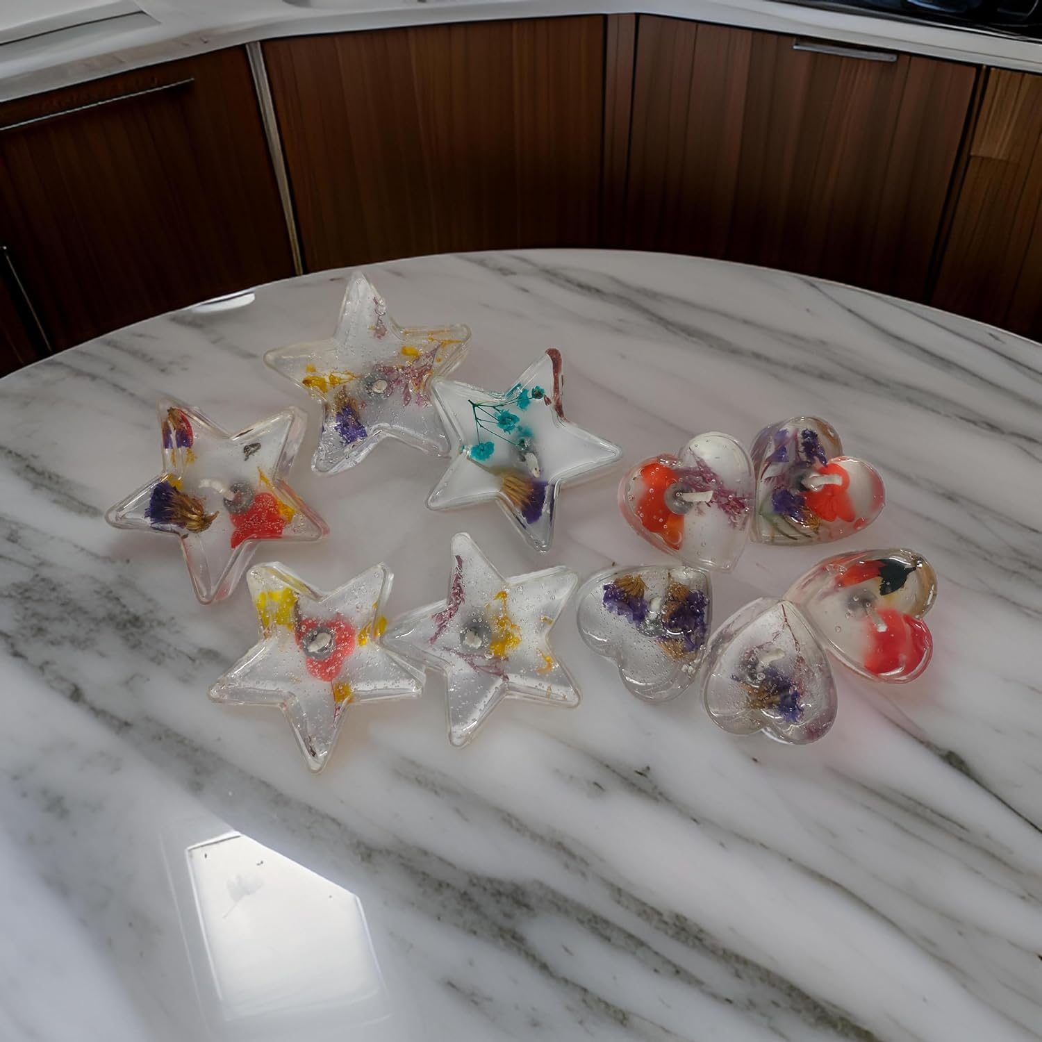 SS ENTERPRISE Gel Wax Candles with Imported Natural Flowers, 6 Hours Burn Time, Star and Heart Shaped Set of 10,