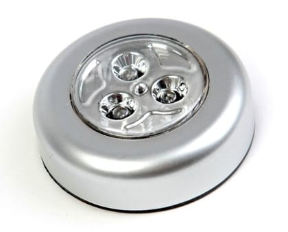 WUGO::Led Battery-Powered Wireless Plastic Night Light Stick Tap Touch Lamp Stick-On Push Light Round Lamp for Home Kitchen Office Closets Cabinets Counters, Utility Rooms Cordless Light, Silver (Pack of 1)