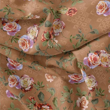 Oil Painted Flowers On Brown Digital Printed Fabric-Polyester / Japan Satin / 110 CM | 43 Inch