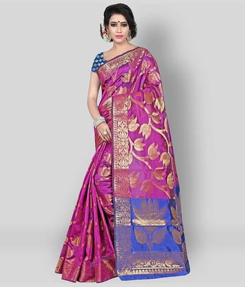 Gazal Fashions Banarasi Silk Printed Saree With Unstitched Blouse Piece ( Pink )