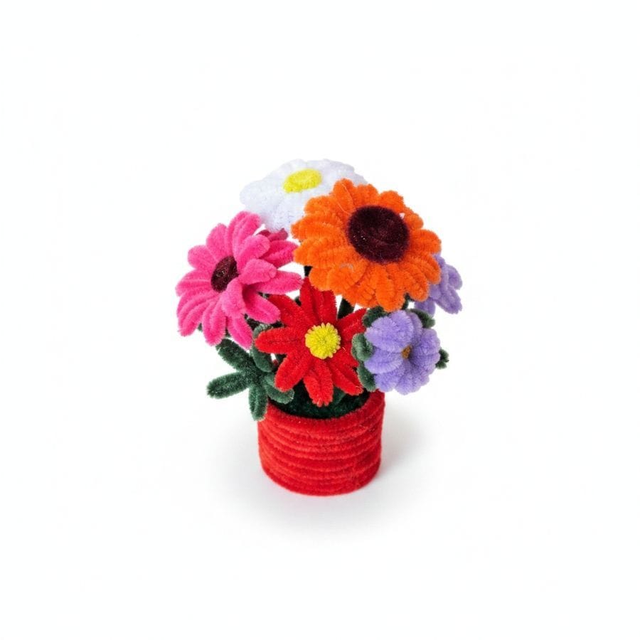 Artificial Multicolor 13 Daisy Flower Pot – Handmade Faux Flower Arrangement in Red Basket Planter