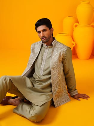 Men's Cotton Silk Pista Kurta Trouser With Designer Embroidered Jacket-44