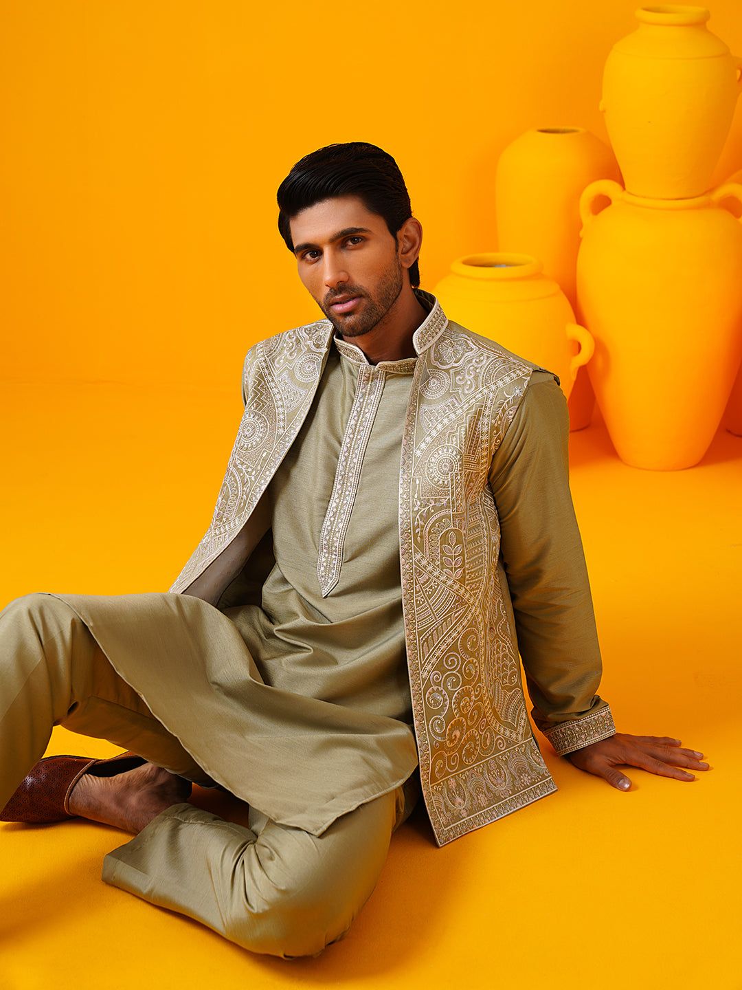 Men's Cotton Silk Pista Kurta Trouser With Designer Embroidered Jacket-44