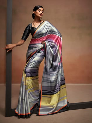 Grey Bollywood Digital Printed Satin Saree