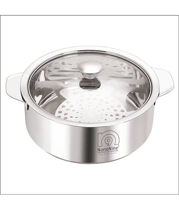 Nanonine Roti Saver Stainless Steel Chapati Pot With Glass Lid, Medium, 2550 Ml, Silver