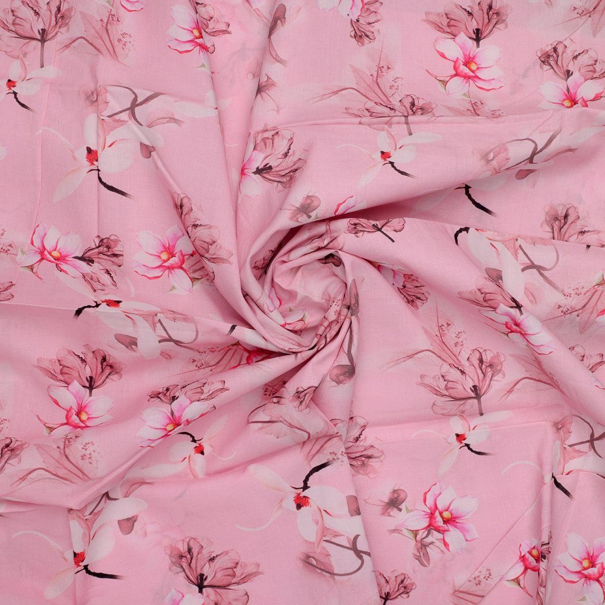 Pink Floral Digital Printed Fabric-Pure / Cotton / 108 CM