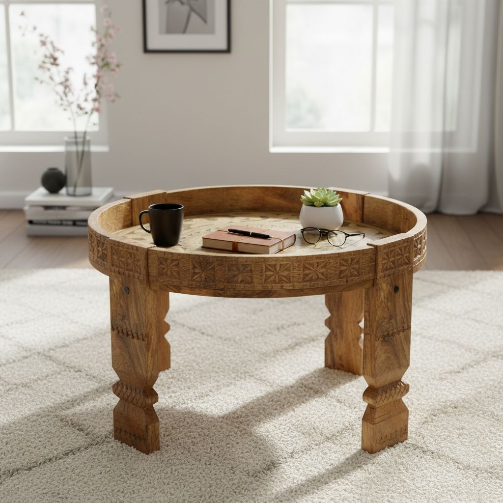 Wood Carved Punched Round Side-Coffee Table