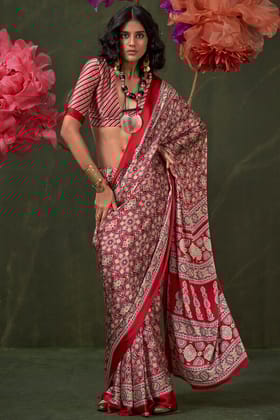 Cardinal Red Ajrakh Printed Satin Silk Saree