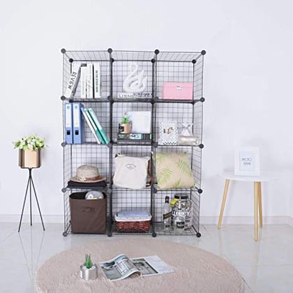 Metallic Wire Storage Organiser - Book Shelf, Kitchen Organiser - Iron Mesh Powder Coated - 12 Cubes - Black