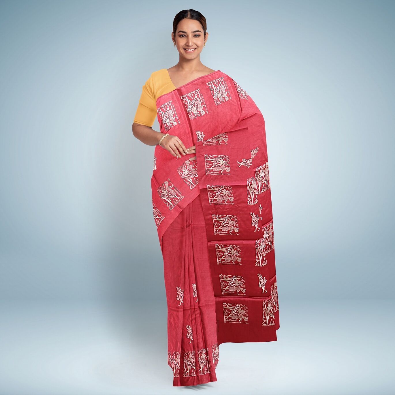 Ruby Red Embroidery Tussar Silk Saree