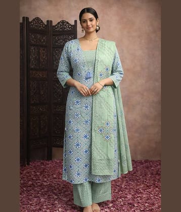 Aarika Women Cotton Printed Straight Kurti With Pants ( Green )