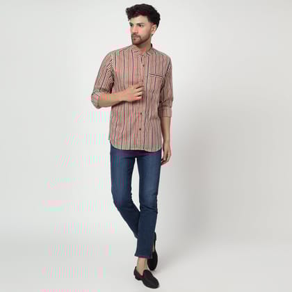 beige Cotton printed band collar full sleeves shirt-XS