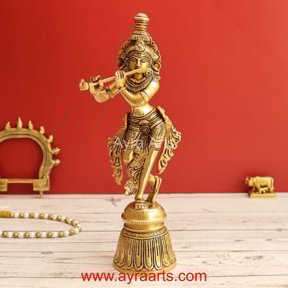 Brass Lord Krishna Idol God of Love Playing Flute - 11.5 Inch Height Brass Lord Krishna Idol God of Love Playing Flute - 11.5 Inch Height
