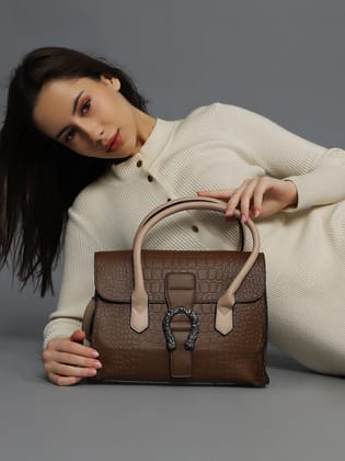 Leather Brown Luster Tote Bag With Pouch Set-Handheld Bag