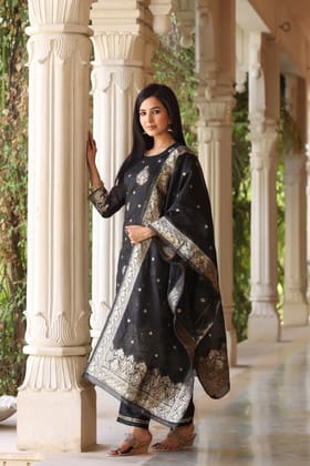 Black Poly Chanderi Ethnic Motifs Straight Suit Set PKSKD1224 Black Poly Chanderi Ethnic Motifs Straight Suit Set PKSKD1224