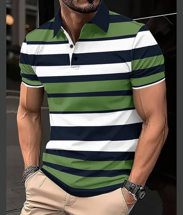Eyebogler Men Cotton Blend Regular Fit Striped Polo T Shirt ( Green )