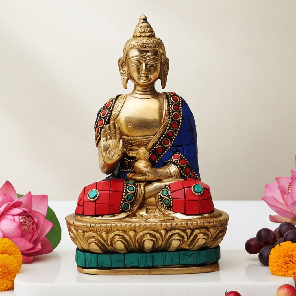 Brass Buddha Stone Statue with Turquoise Coral Finish, Height : 7 Inch (BSMAS435)