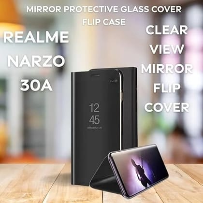 Realme Narzo 30A Clear View Electroplate Mirror Flip Case with Protective Glass Cover  Stylish Polycarbonate Design for Ultimate Protection (Black)