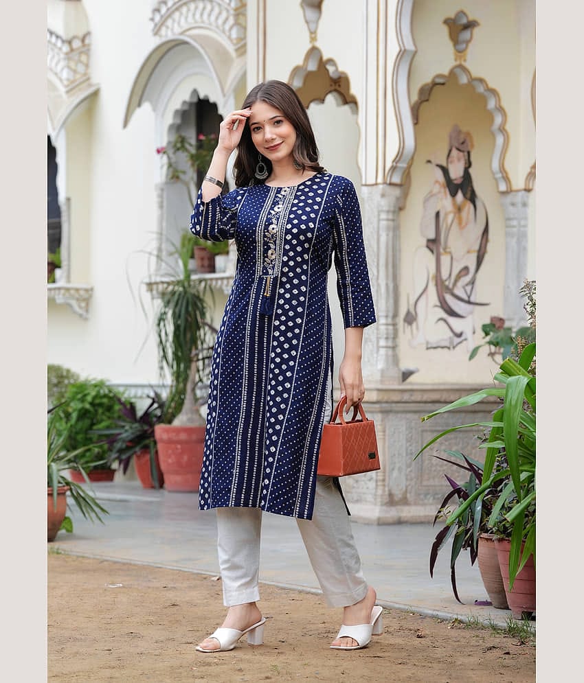 Kapadia Pack of 1 Rayon Embroidered Straight Women's Kurti - ( Navy )
