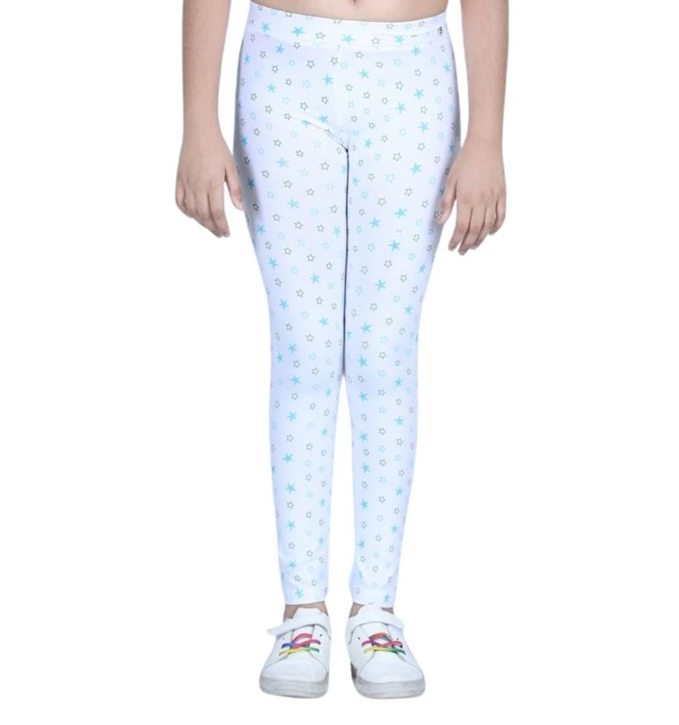 Girl's Cotton Blended Printed Elasticated Leggings (White, 11-12-Yrs)-PID66131