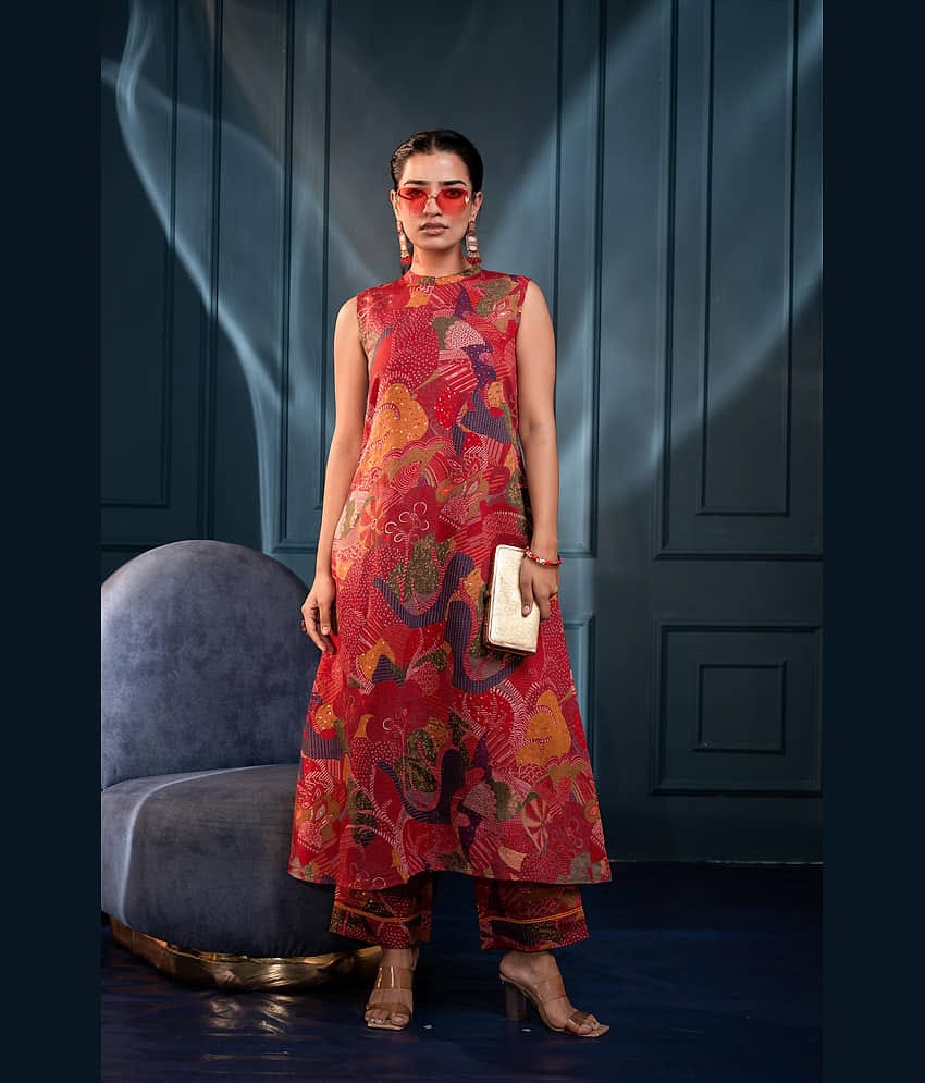 Juniper Women Printed Tunic With Trousers Co-Ord Set ( Red )
