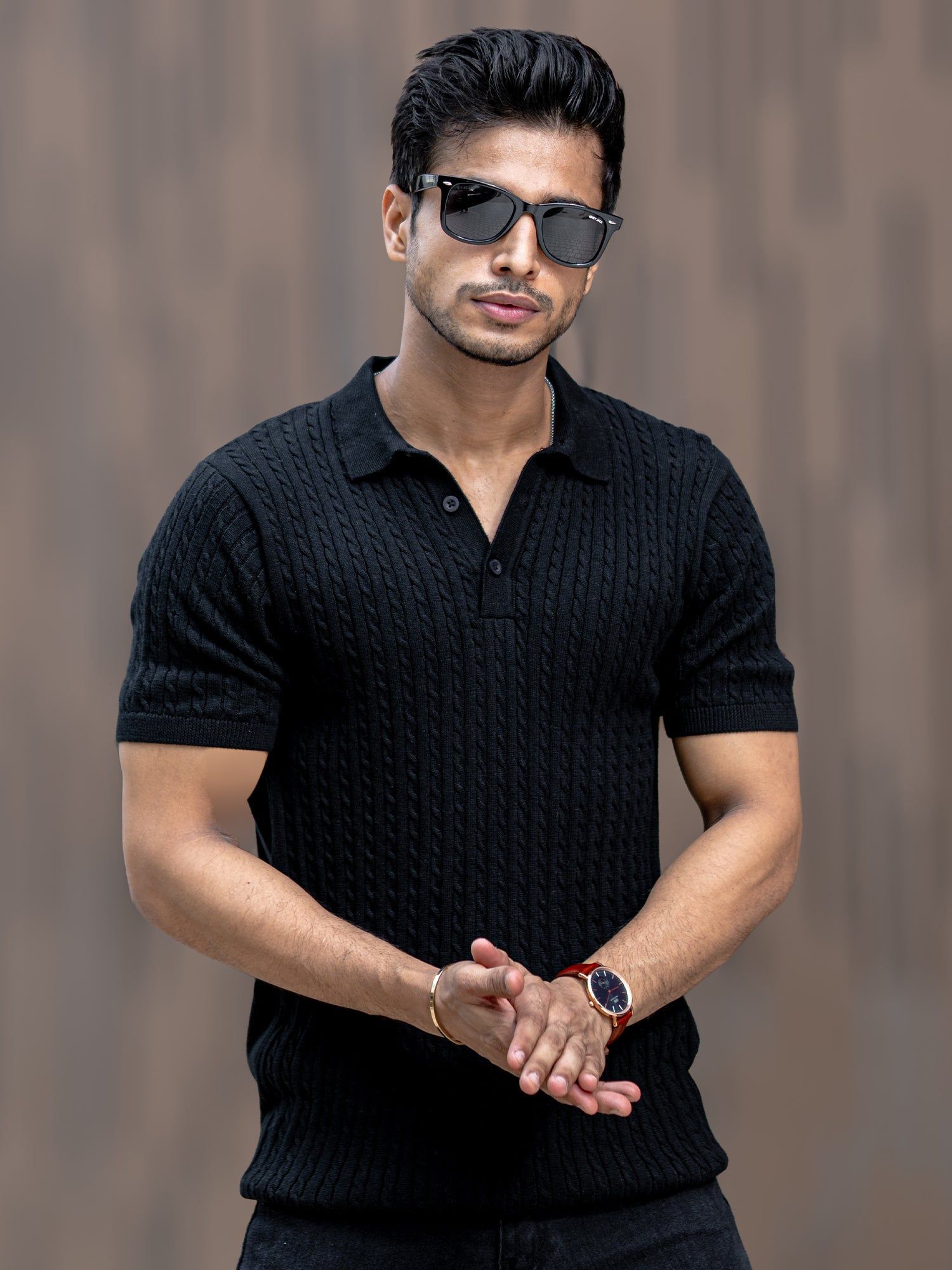 Ribbed Knit Black Polo Half Sleeve T-Shirt-S / Black