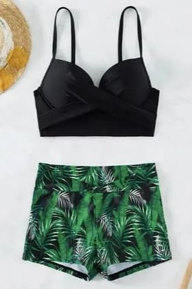 Black Tropical Print swimwear Set Black XL