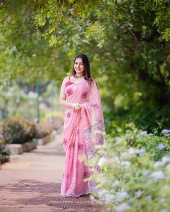 Pink Linen Saree with Polka Dots & Floral Motifs | Summer Party Collection