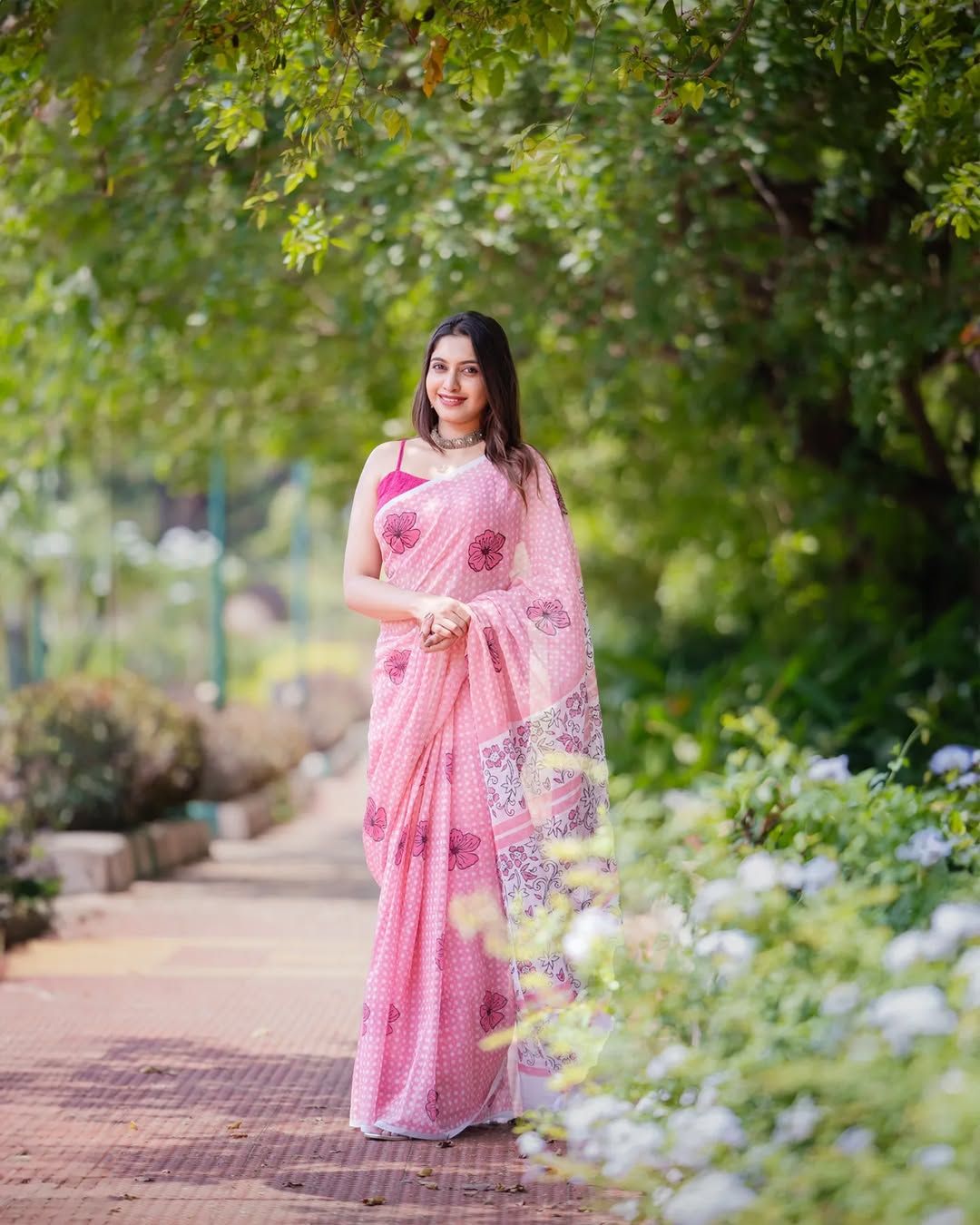 Pink Linen Saree with Polka Dots & Floral Motifs | Summer Party Collection