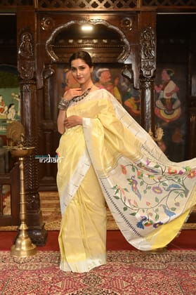 Exclusive Muniya Border - Authentic Handloom Pure Silk Muniya Border Paithani With Tissue Lines and Grand Pallu ~Tuscany Yellow