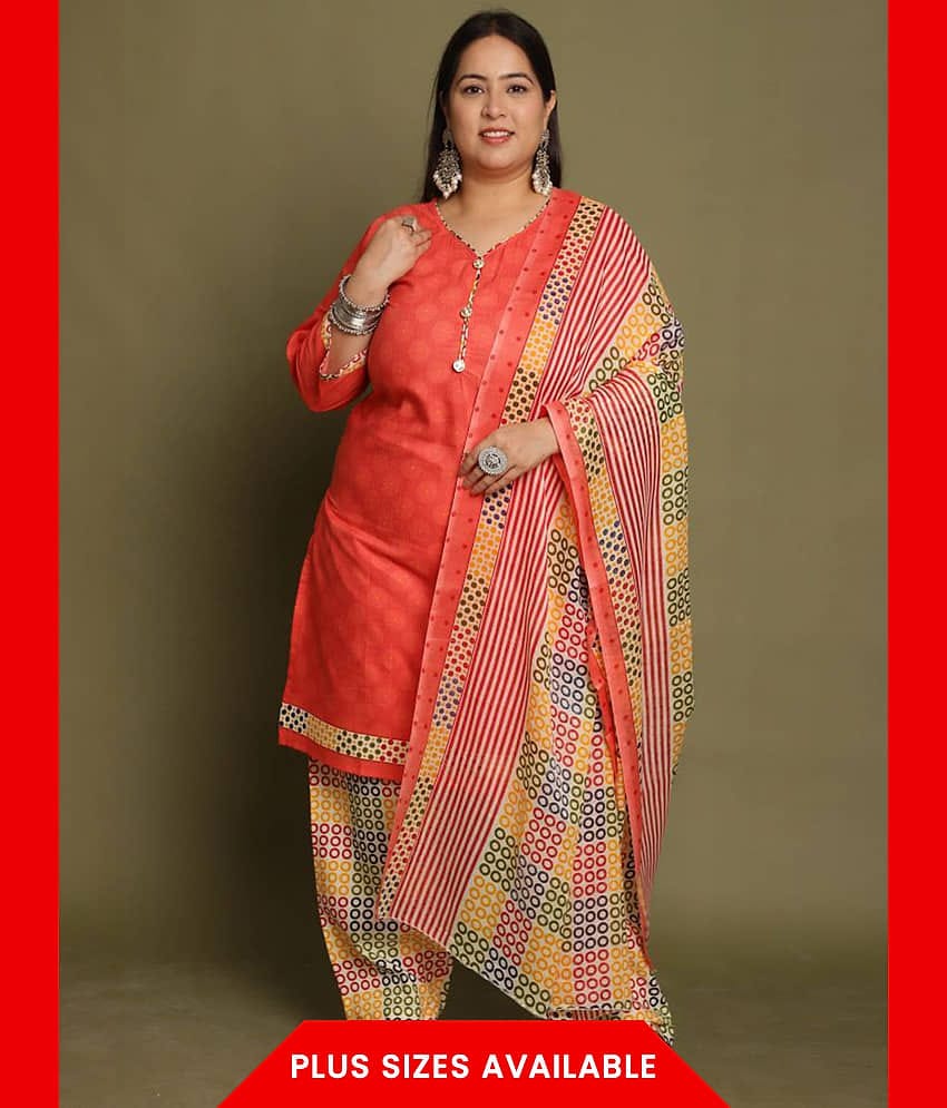 Rajnandini Cotton Blend Printed Kurti With Pants Women's Stitched Salwar Suit - Peach ( Pack of 1 )