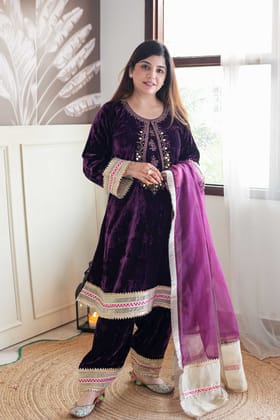 Mehra Wine Embroidered Velvet Suit-M
