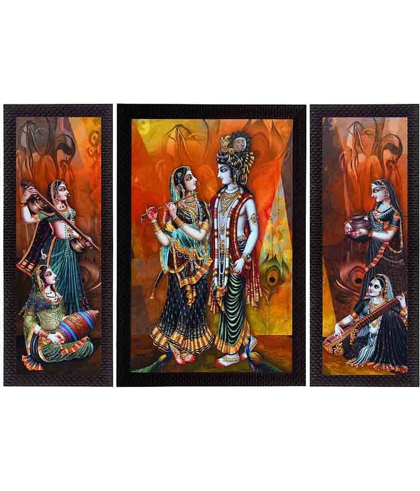 eCraftIndia Set of 3 Orange and Blue Musical Radha With Krishna Texture UV Wall Arts