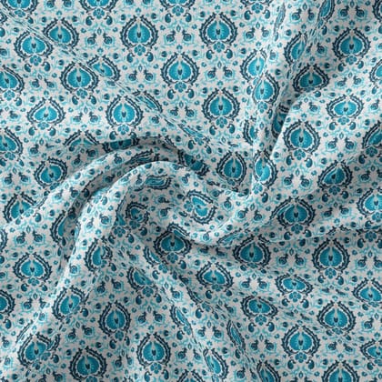 Skyblue Tiny Stylized Motif Digital Printed Fabric-Polyester / Japan Satin / 110 CM | 43 Inch