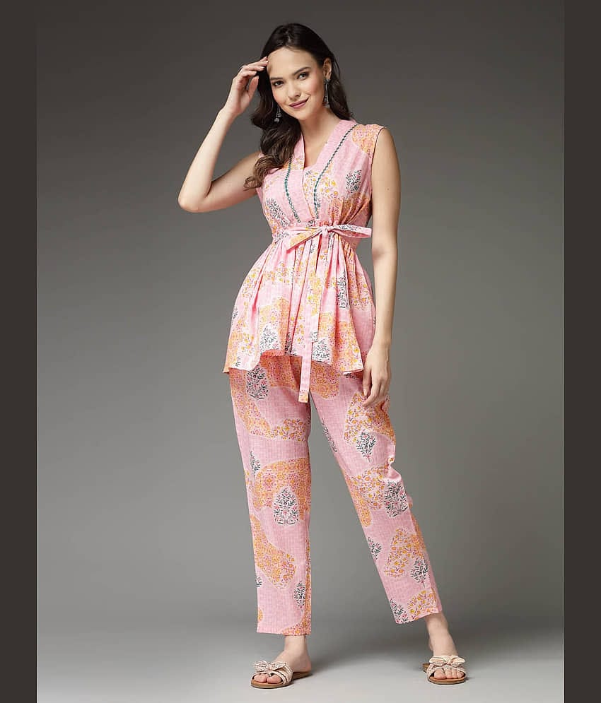 Stylum Women Printed Top With Trousers Co-Ord Set ( Pink )