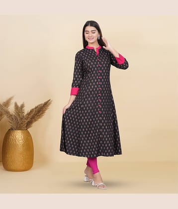Yash Gallery Rayon Printed Anarkali Women's Kurti - Black ( Pack of 1 )