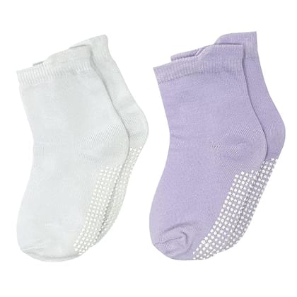 USOXO Kids Toddler Socks I Combed Cotton Stylish Solid Non-Slip Ankle Crawling with Grips I Anti-Skid, Comfortable Sock for Girls Boys Children White, Purple