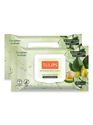 Tulips Refreshing Everyday Cleaning Wet Wipes made with PLANT based fibre, LID Pack (Cucumber & Avocado, Pack of 2) 30 wipes each Tulips Refreshing Everyday Cleaning Wet Wipes made with PLANT based fibre, LID Pack (Cucumber & Avocado, Pack of 2) 30 wipes each