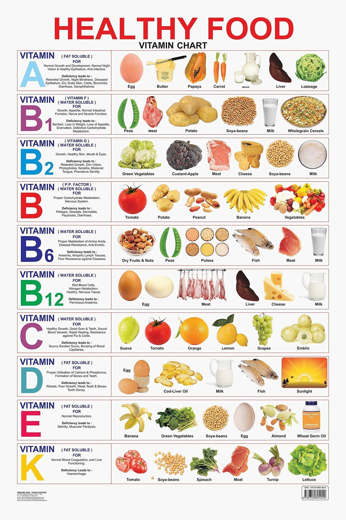 Healthy Food (Vitamin Chart) Educational Wall Chart For Kids - Both Side Hard Laminated (Size 48 x 73 cm) [Poster] Dreamland Publications