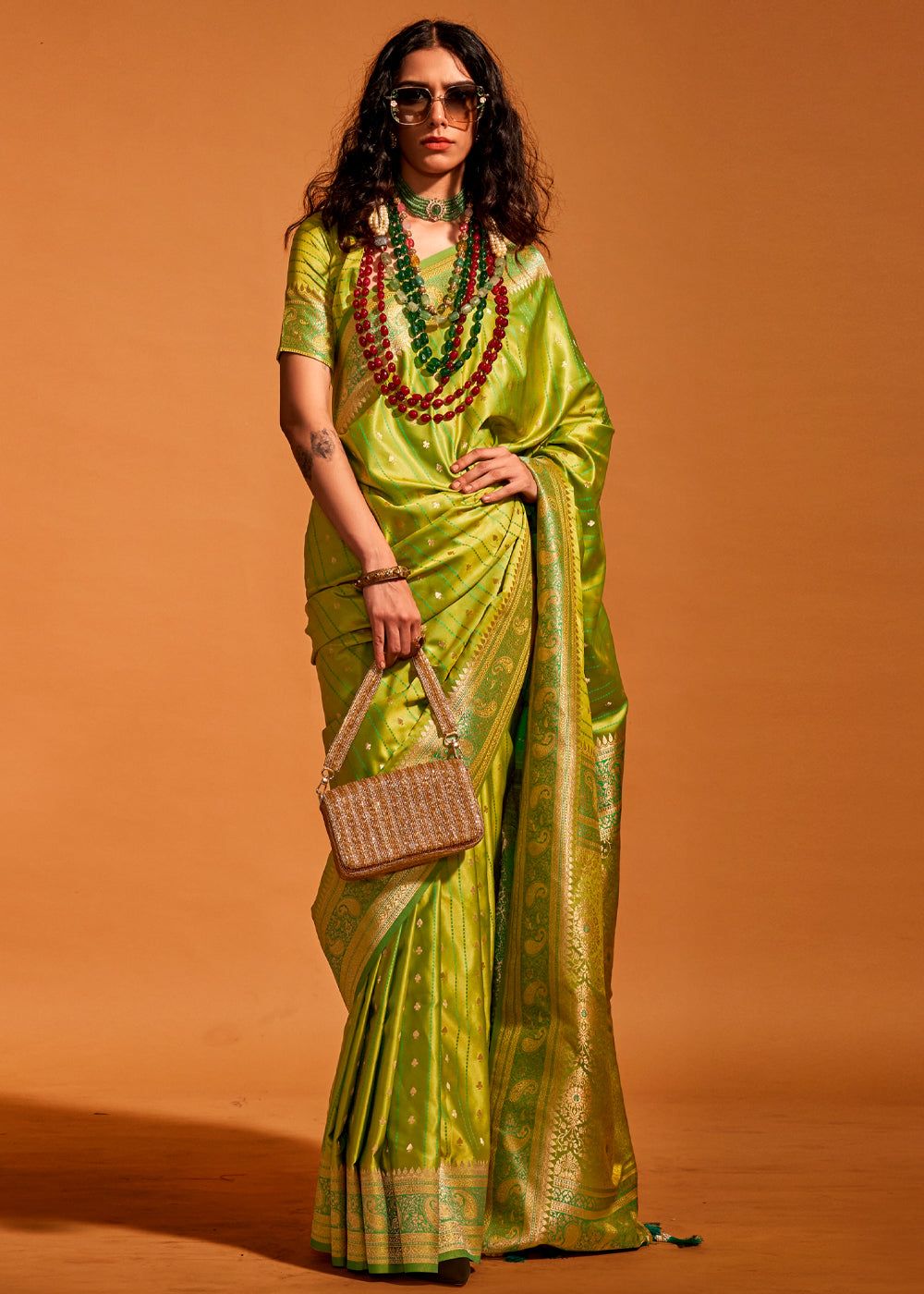 Lime Green Dual Tone Banarasi Satin Silk Saree