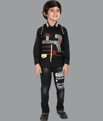 DKGF Fashion Pack of 1 Boys Cotton Blend Shirt & Jeans Set ( Black )