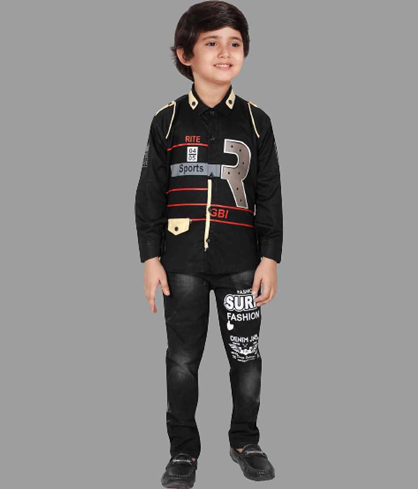 DKGF Fashion Pack of 1 Boys Cotton Blend Shirt & Jeans Set ( Black )