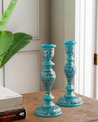Hand Painted Papier Mache Candle Stands Light Blue, Indigo - 9.5 x 4-Light Blue, Indigo / Papier Mache / 9.5 Inches x 4 x 2.25 Inches